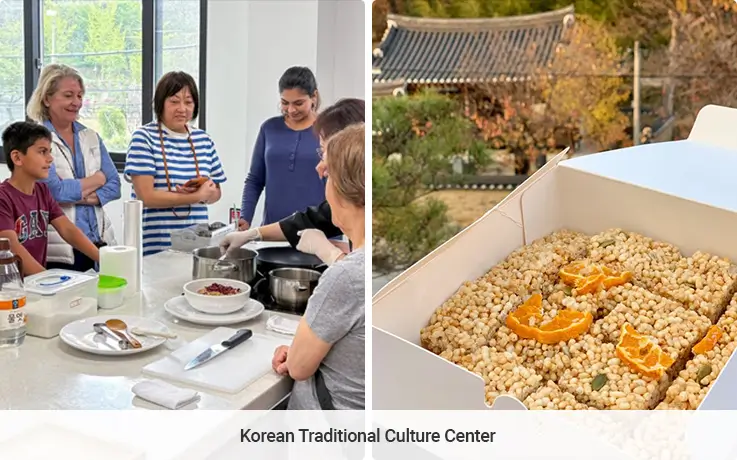 People enjoying cooking at the Korean Traditional Culture Museum in Daegu on the left, and a hand-made snack on the right.