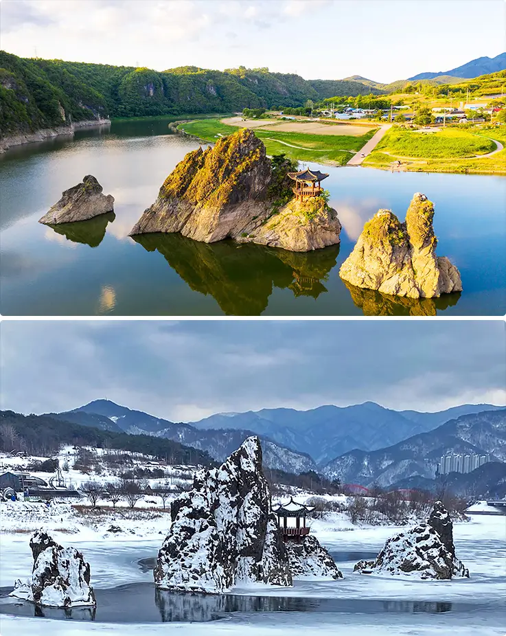 Dodamsambong Peaks' iconic river rock formations crowned with a traditional Korean pavilion.