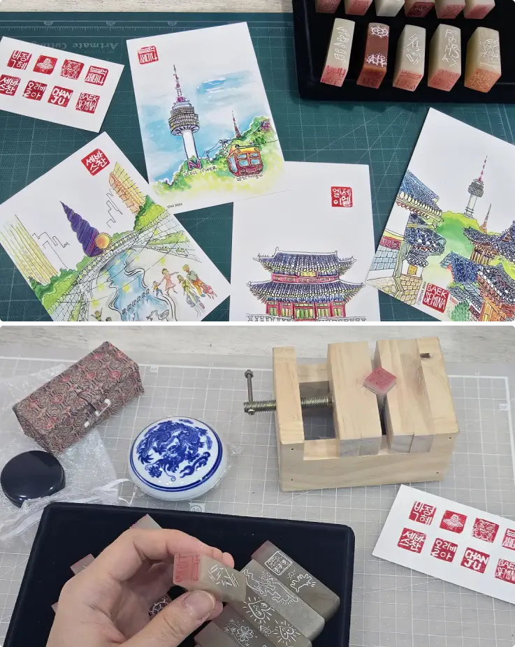 Souvenir Set: Stone Seal, Seal Case, Small Ink Pad, 1 Picture Postcard