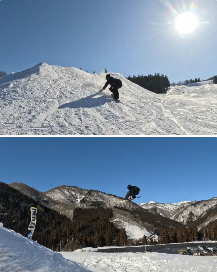 Snowboarder enjoying the fine snow at Fukui Izumi Ski Resort.