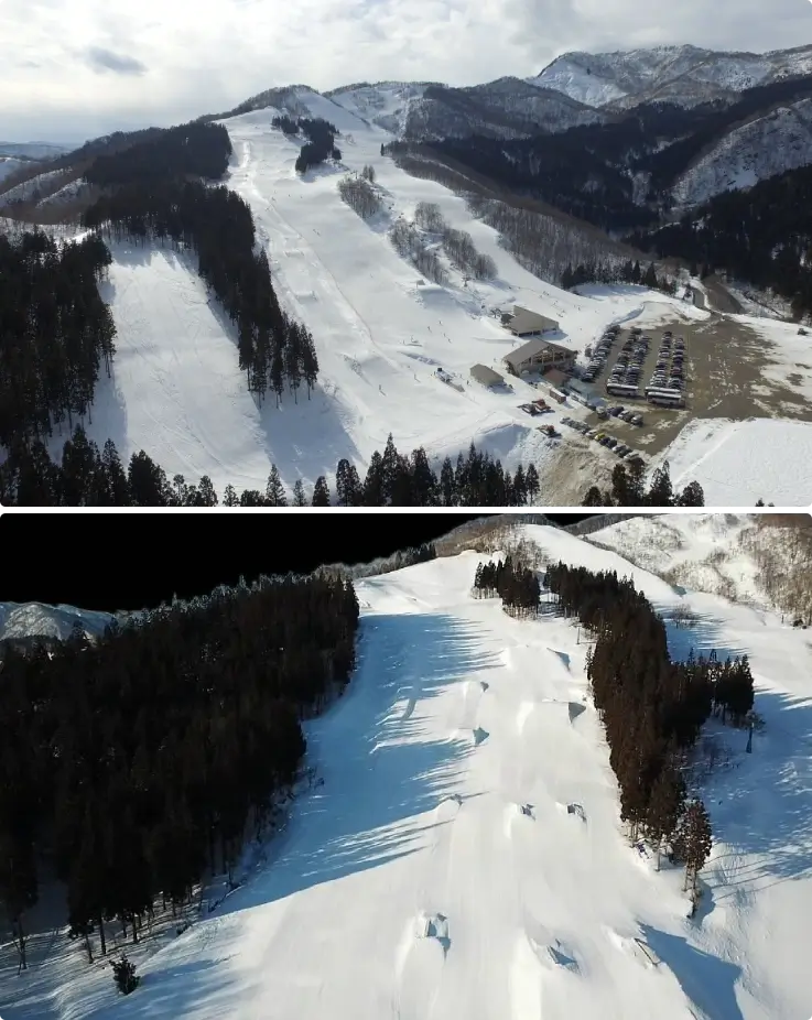 Scenic view of Fukui Izumi Ski Resort’s snowy slopes and mountains.