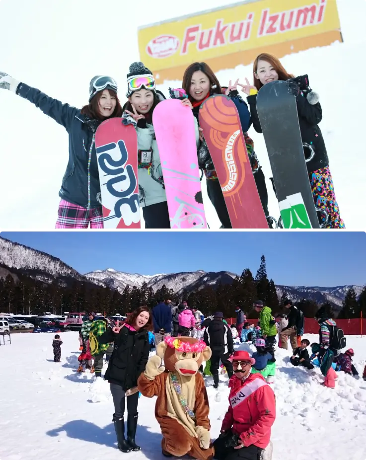 Visitors enjoying snow play and taking photos at Fukui Izumi Ski Resort.