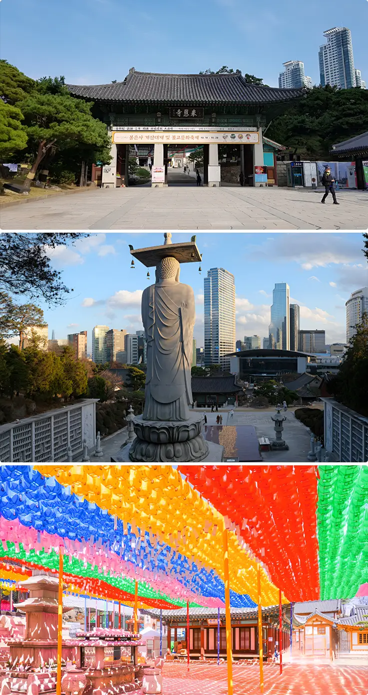 Sacred Buddha statue and halls at Bongeunsa Temple in Seoul