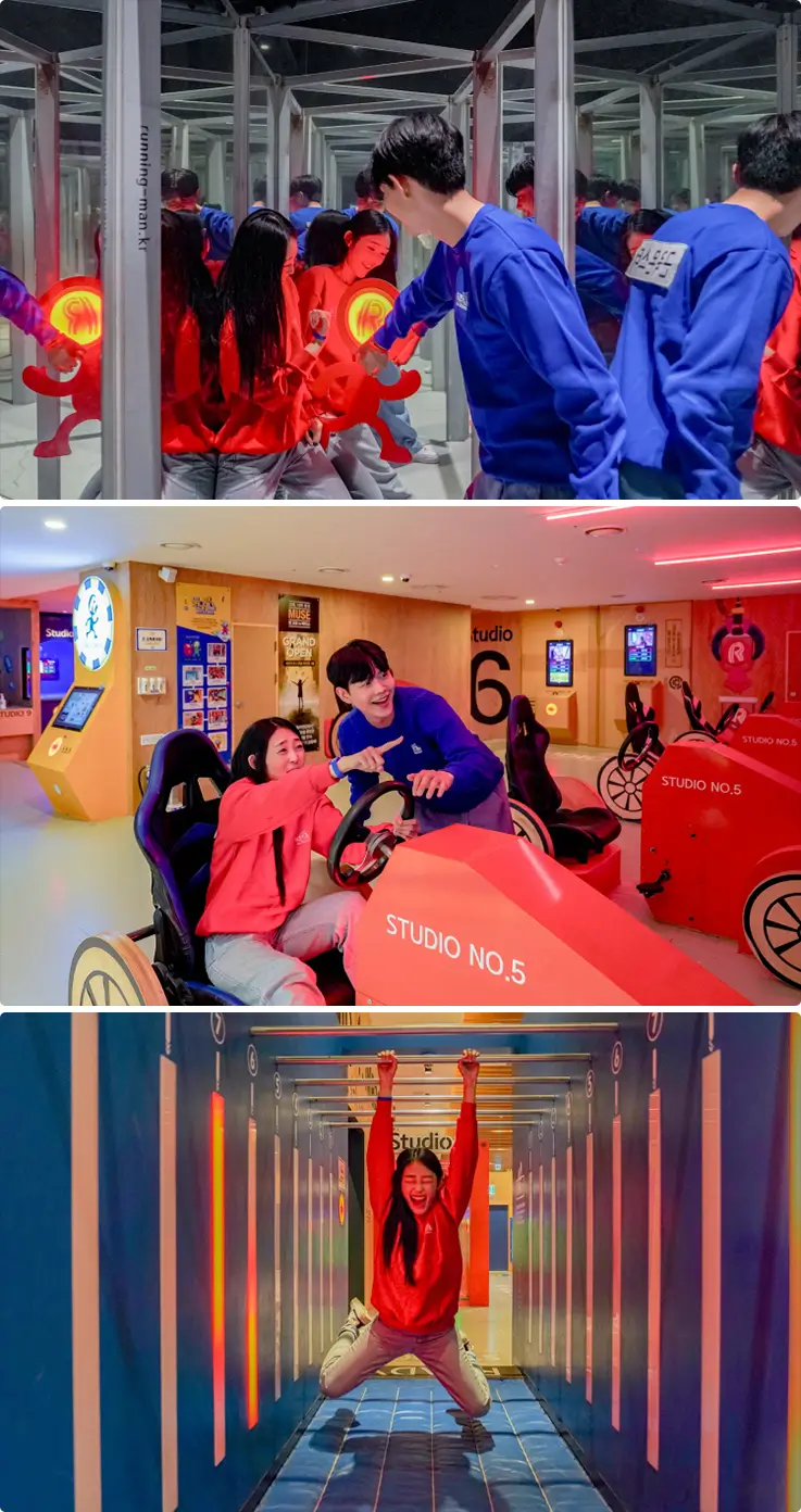 Two visitors participating in mission stages at Running Man Theme Park in Gangneung