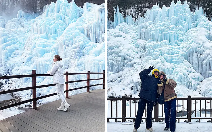 Visitors admire towering blue ice formations at Eobi Ice Valley's frozen waterfall.
