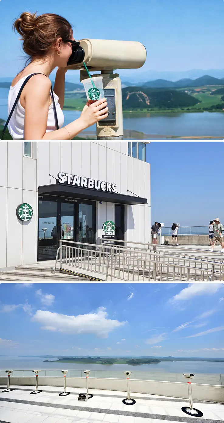 カフェと美しい景色を望む韓国の川沿いの展望台で、双眼鏡を使う旅行者(エギボン平和エコパーク)