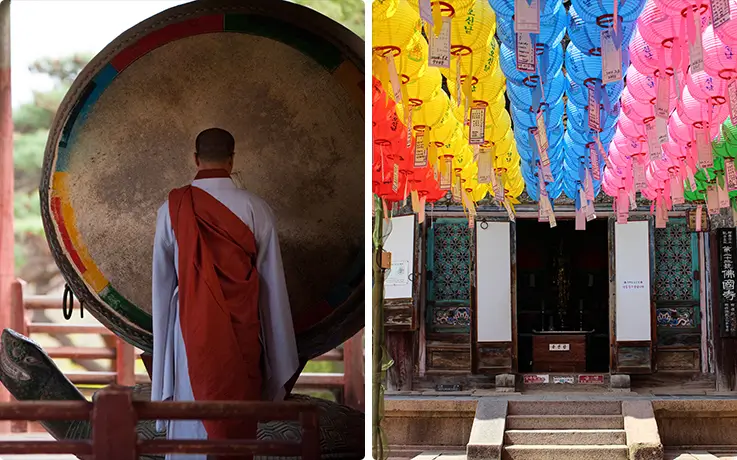 Monks and lotus lanterns at Bulguksa Temple in Gyeongju
