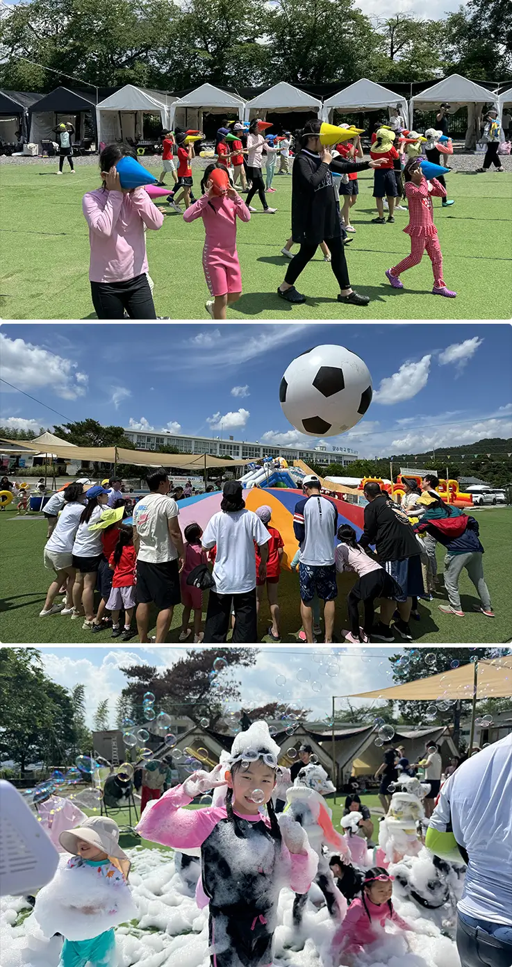 Families enjoying K-sports day games and bubble play on the open schoolyard.