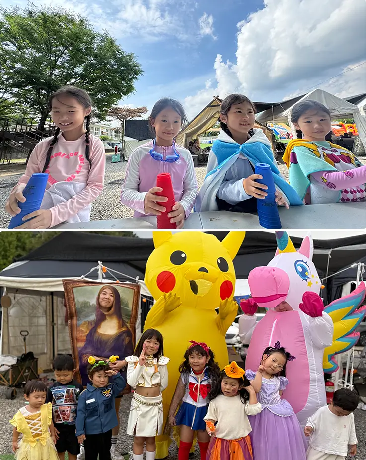 Kids competing in a cup-stacking game and posing with fun character costumes.
