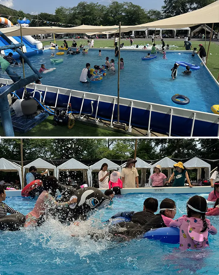 Families splashing and playing together in the outdoor summer water play pool.