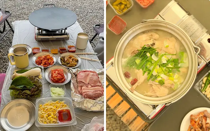 K-BBQ set with fresh ingredients and K-Baeksuk whole chicken soup, self-cooked outdoors.