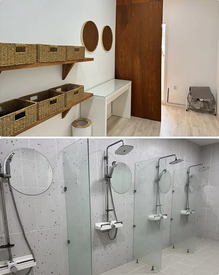 Clean and modern restroom vanity area and private shower stalls for campers.