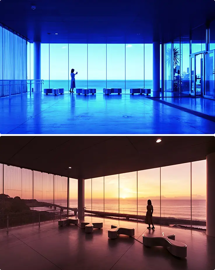 A person enjoying ocean and sunset views at Hitachi Station