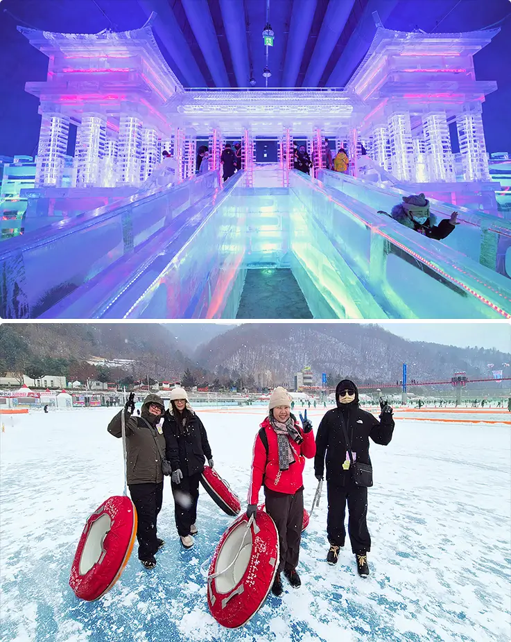 Visitors enjoying ice sculpture exhibition and sledding at Hwacheon Sancheoneo Ice Festival