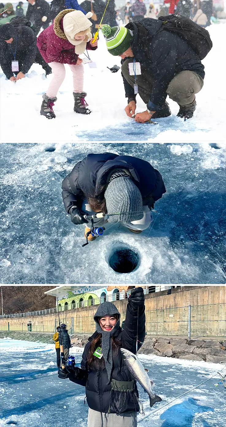 Visitors enjoying fishing at Hwacheon Sancheoneo Ice Festival