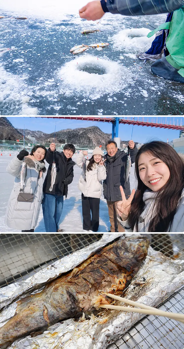 Travelers holding trout and grilled fish on frozen river.