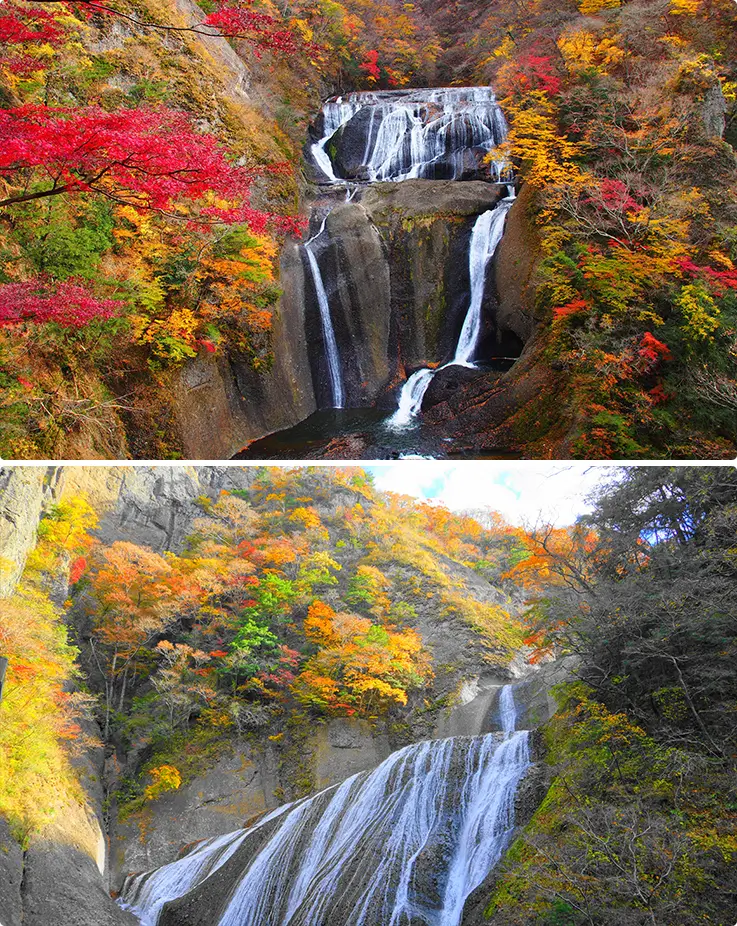 Cascades down tiered rock formations framed by brilliant red and gold maple leaves.