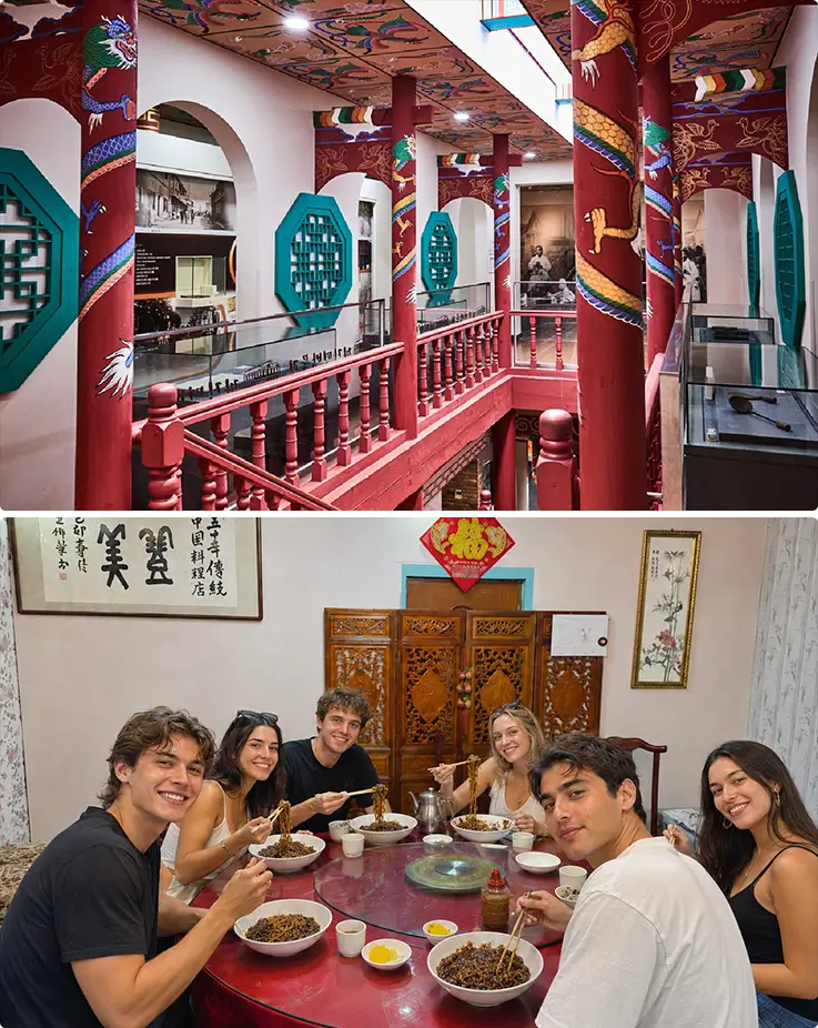 Ornate dragon-painted columns inside the museum, plus travelers sharing jajangmyeon at a round table.
