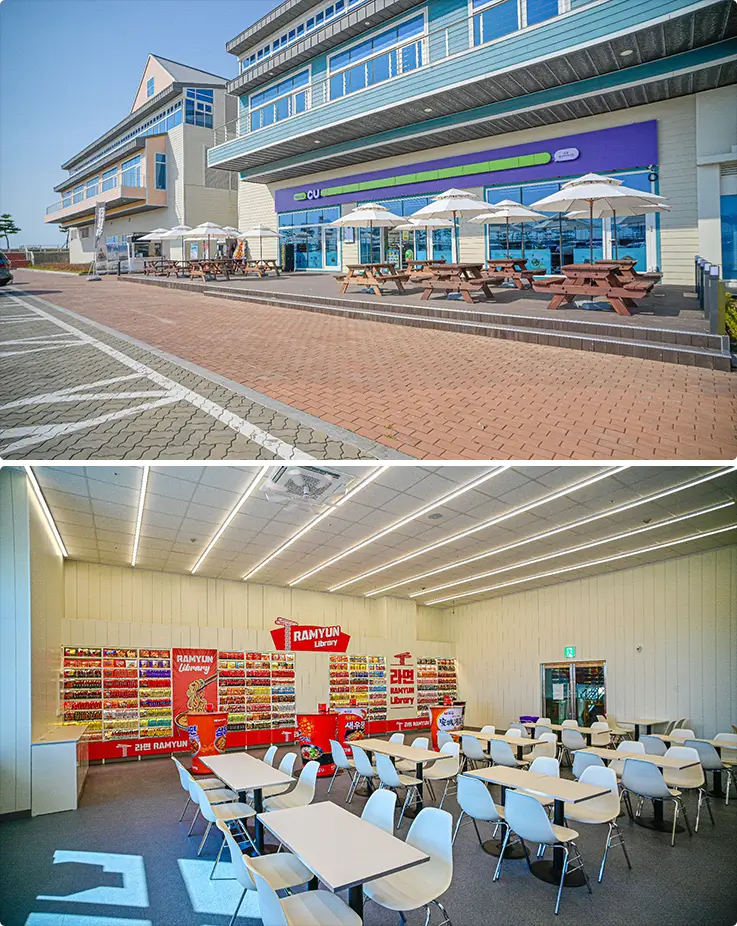 A vibrant noodle library beside the marina's outdoor seating area.