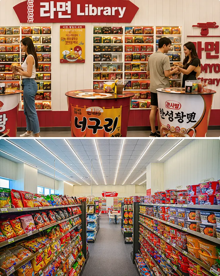 People choosing favorite ramyeon flavors from packed shelves inside the noodle library.