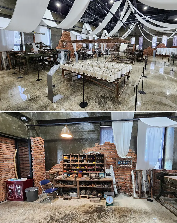 Explore vintage looms and industrial relics inside a restored historic textile factory space.