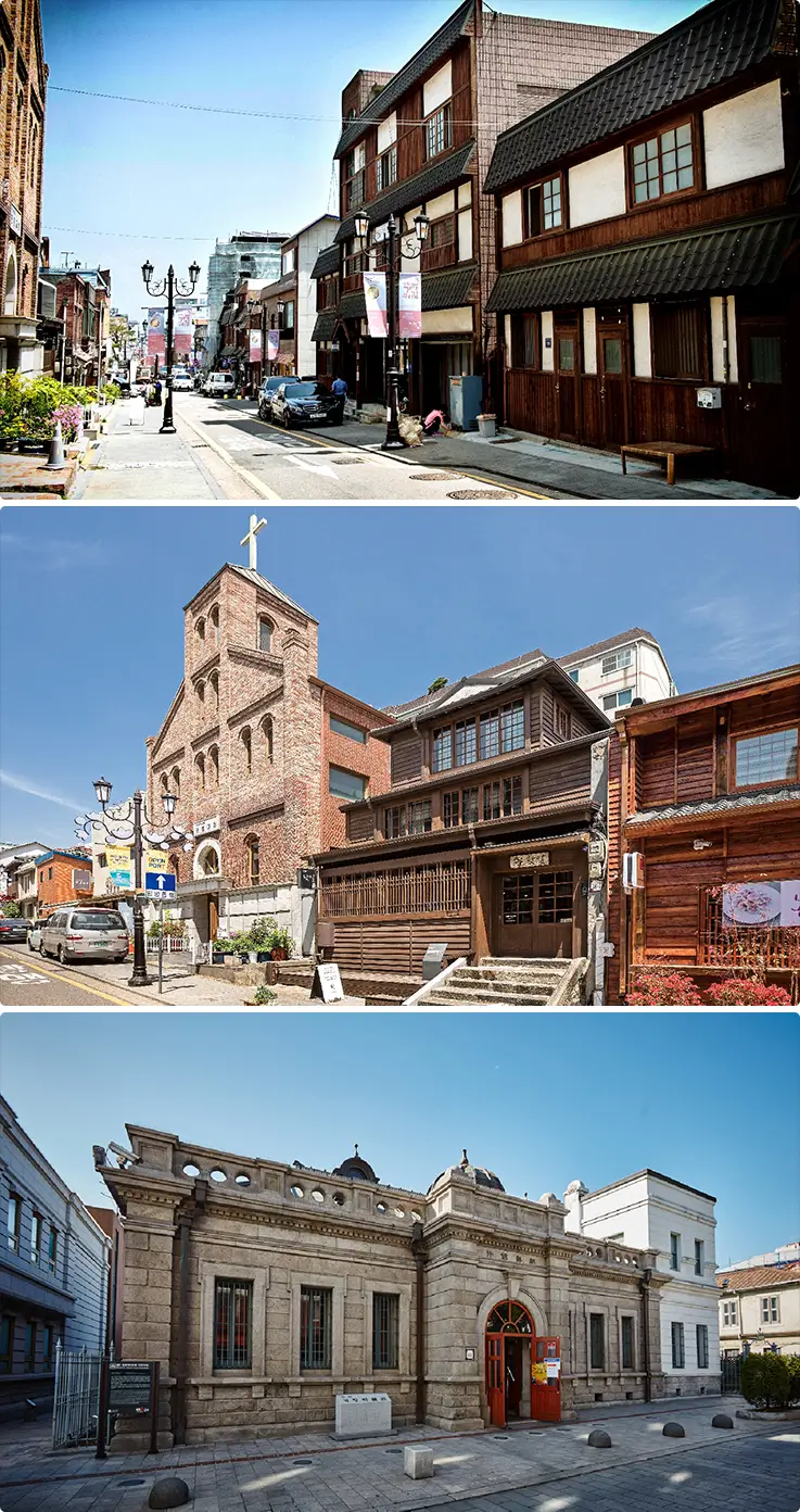 Open Port District Streets lined with preserved colonial-era buildings, a historic church, and former bank.