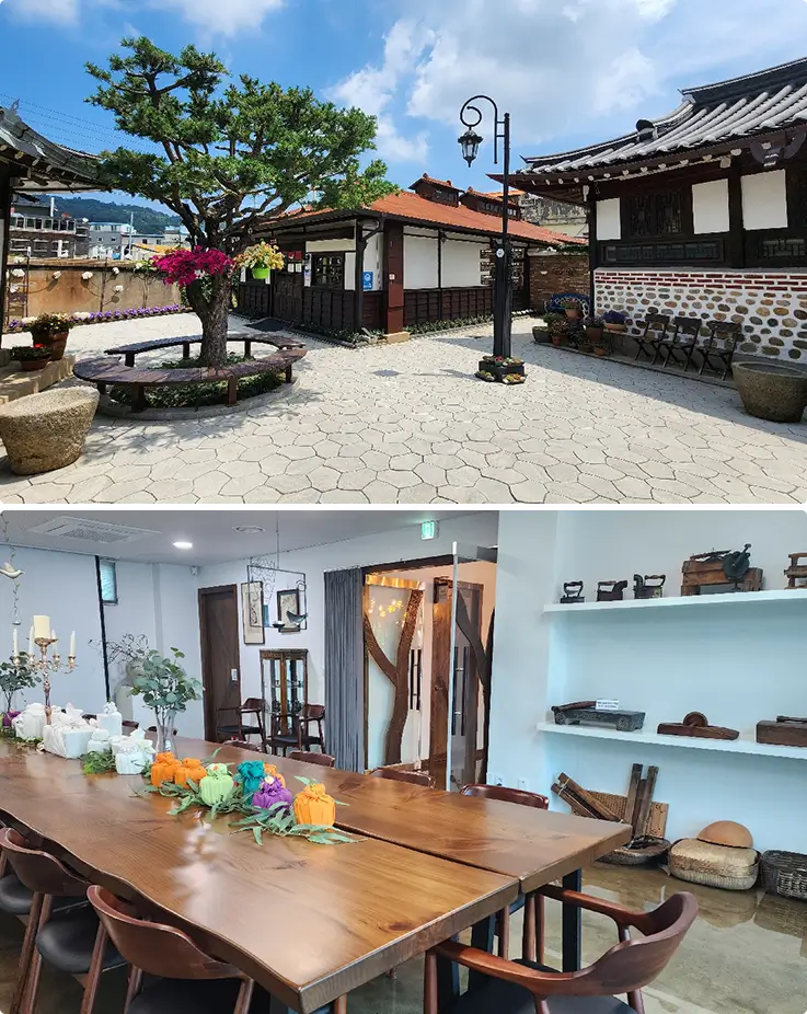 Relax in a traditional hanok courtyard set for a peaceful tea ceremony experience.