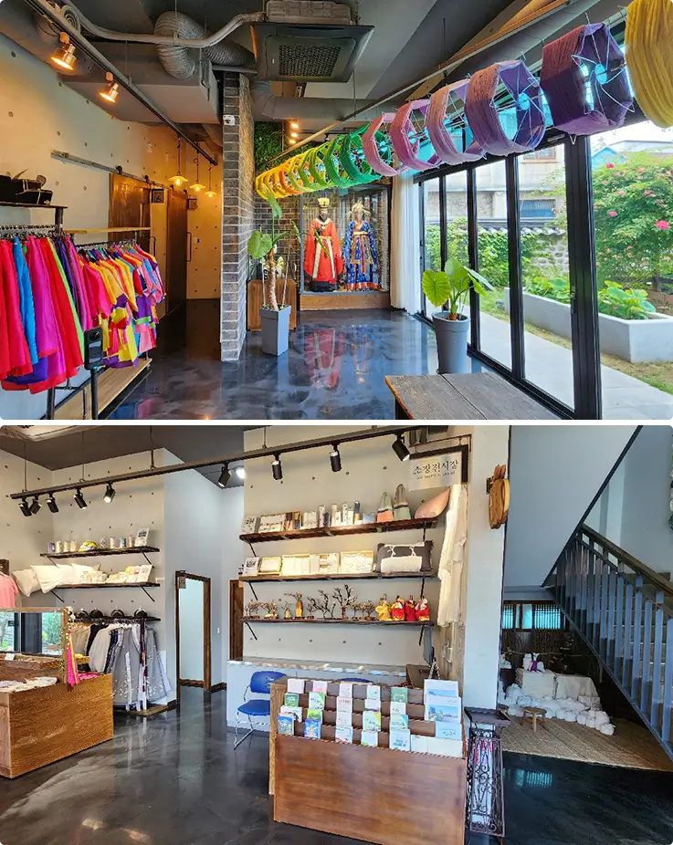 Browse colorful traditional garments and handmade textile crafts inside a charming heritage boutique.