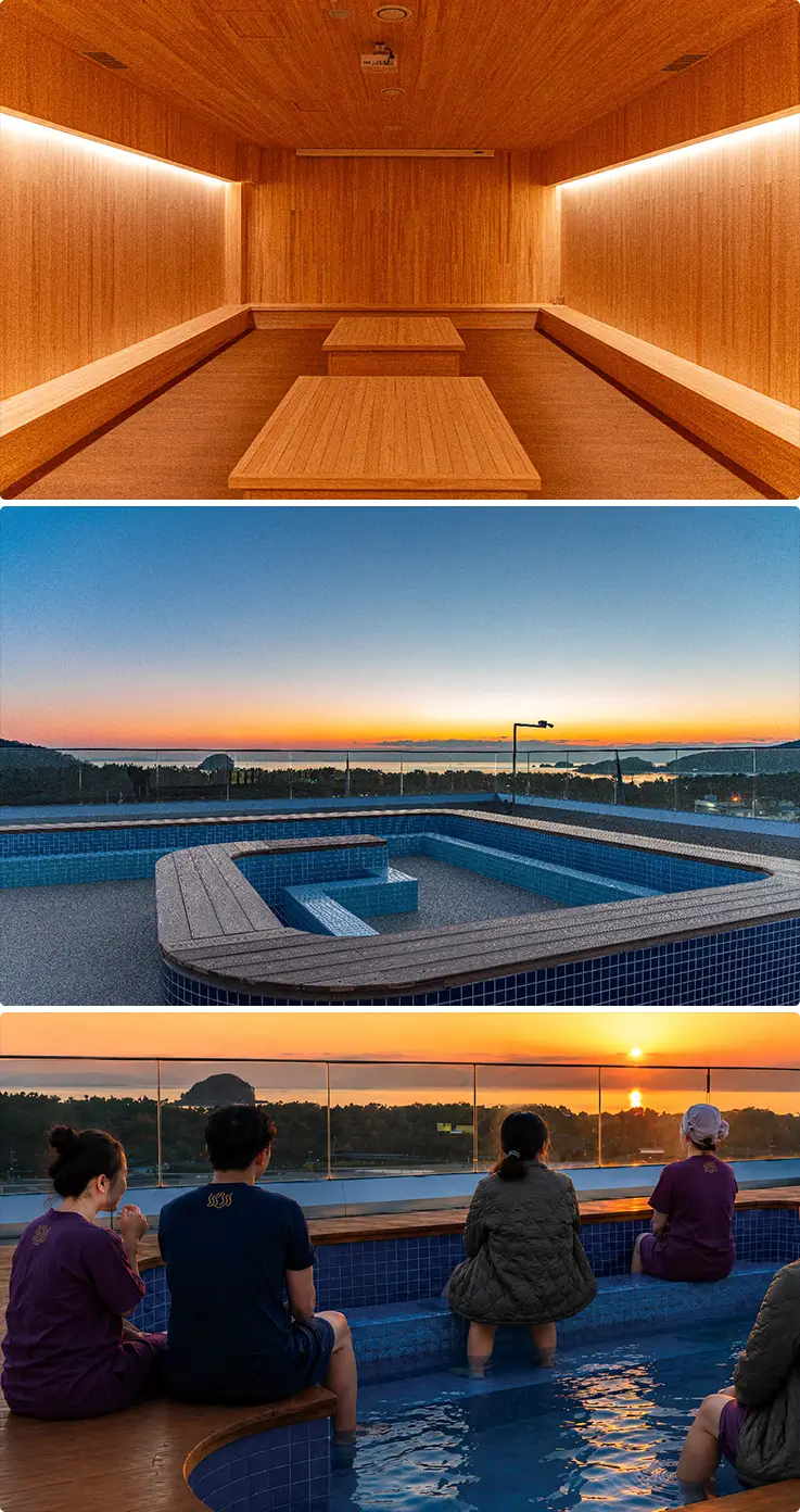 People soaking in a sunset rooftop pool after a warm wooden sauna session.