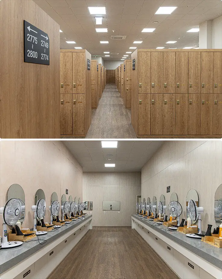Spacious locker rooms with vanity stations before/after the wellness experience.