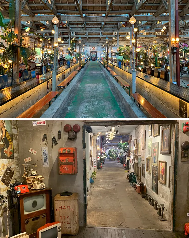 Wander a whimsical vintage corridor filled with retro decor, lanterns, and nostalgic charm.