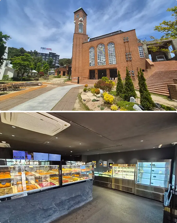 A striking brick café exterior filled with colorful baked desserts.