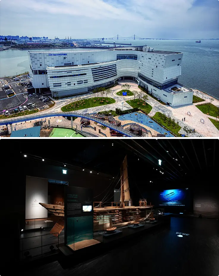 National Incheon Maritime Museum's striking coastal architecture and a traditional wooden ship exhibit inside.