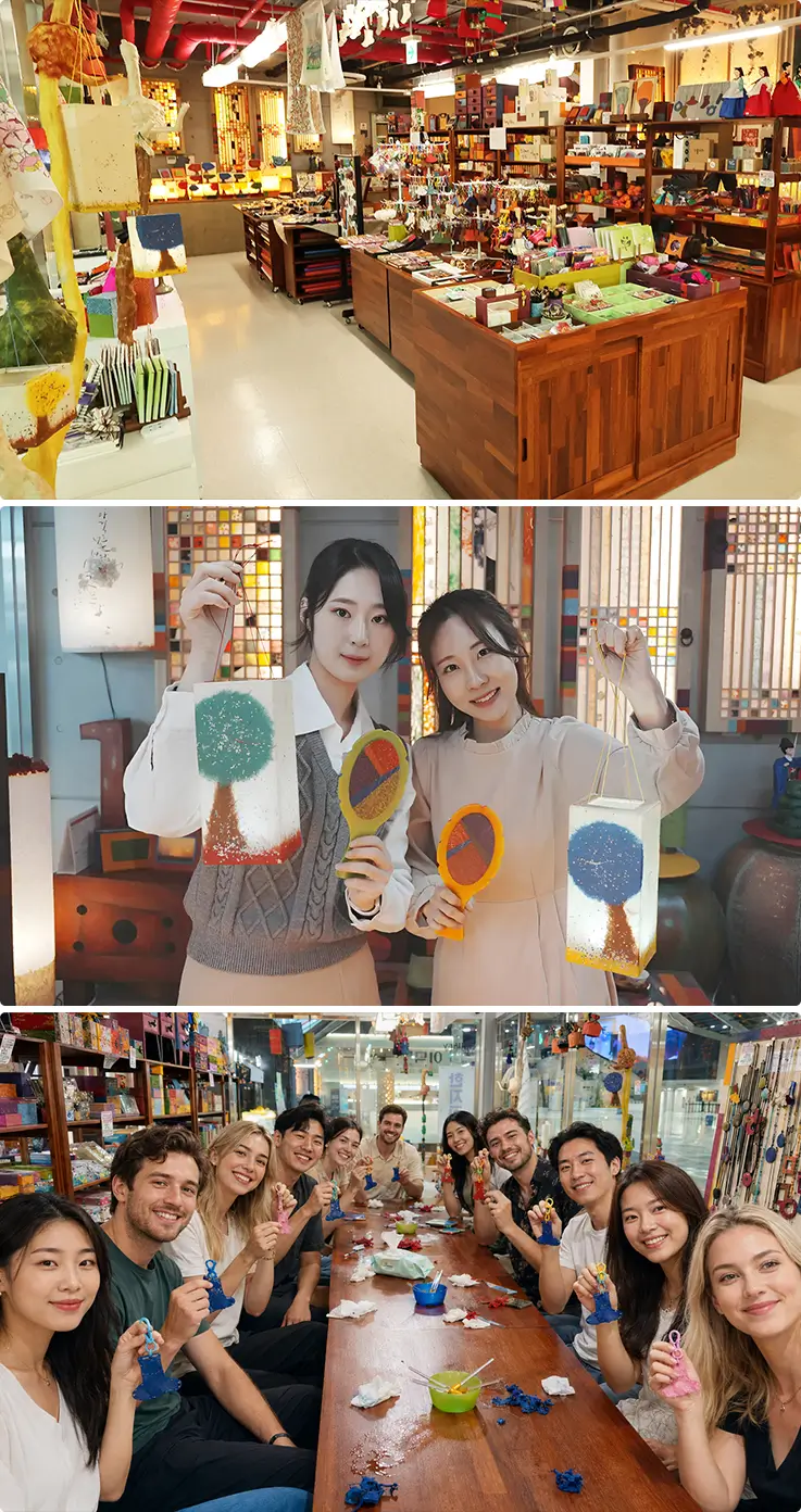 Sangsang Platform's craft shop displaying handmade Hanji goods, with visitors proudly showing finished artwork.