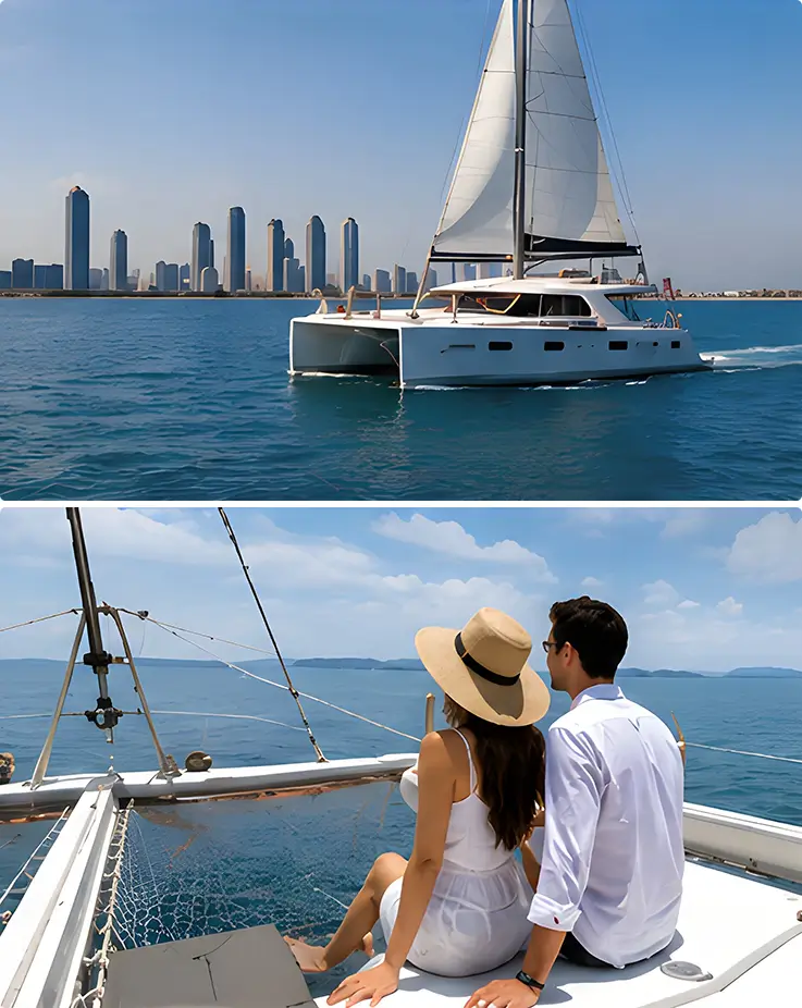 A yacht sailing across calm coastal waters.