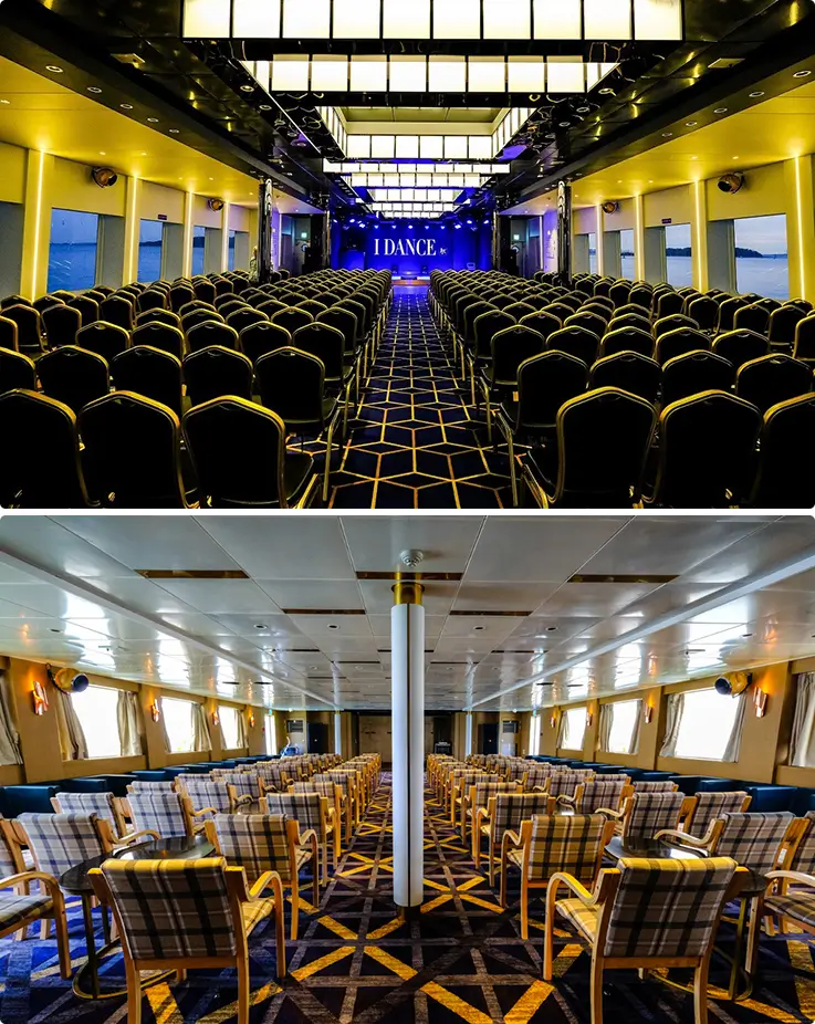 Spacious indoor performance halls with theater-style seating for live onboard shows.