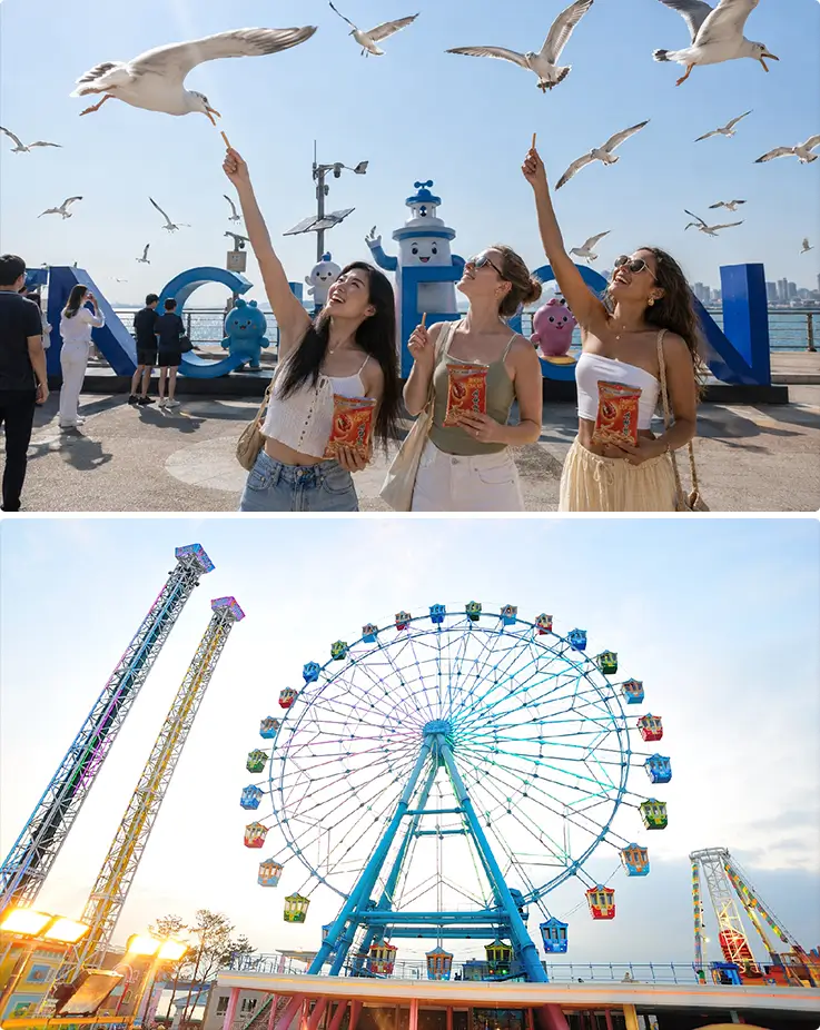 Travelers feeding seagulls by the Incheon sign and a colorful Wolmido amusement park Ferris wheel.