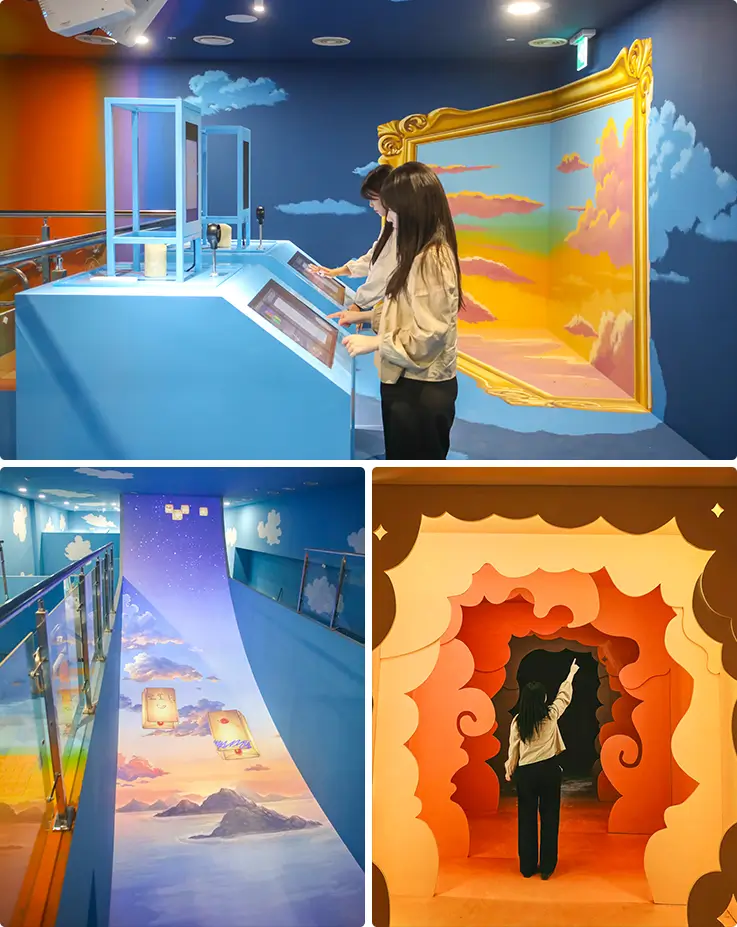 Wind Island's dreamy sky-themed exhibits featuring digital interactive panels, floating tarot card murals, and fantasy arch installations.