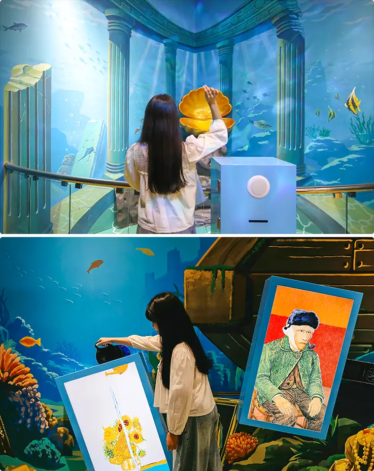 Underwater-themed interactive exhibit featuring a giant clamshell installation and classic artwork discovery zone at Baksal2: K-Island Jeju.