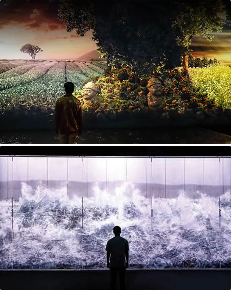Visitors admire media art exhibitions themed around Eternal Nature, featuring dynamic sea waves and tranquil garden projections