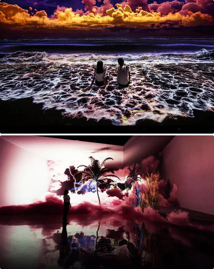 Vivid media art exhibition displaying a beach with colorful clouds, and surreal pink clouds with flashes of thunder