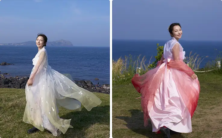 Elegant Hanbok rental experience with scenic Jeju coastal views and vibrant flowing skirts.
