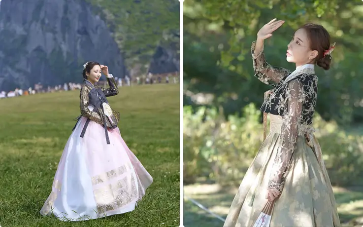 Premium Hanbok styles worn at Jeju's iconic natural landmarks with lush greenery backdrops.