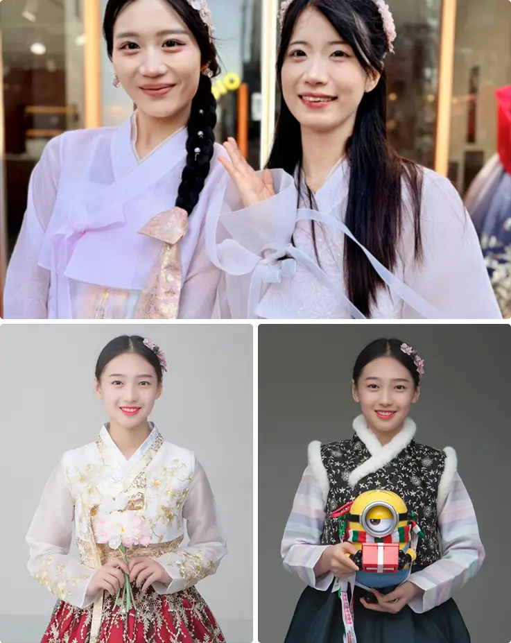 Guests dressed in beautiful Hanbok with traditional hair accessories and studio portrait looks.