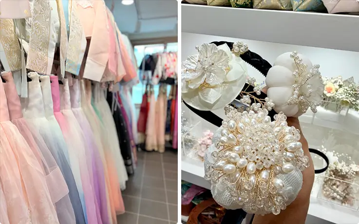 Wide selection of colorful Hanbok styles and premium pearl hair accessories available for rental.