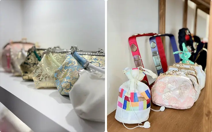Traditional Korean-style handbags and pouches available as complimentary accessories with Hanbok rental.