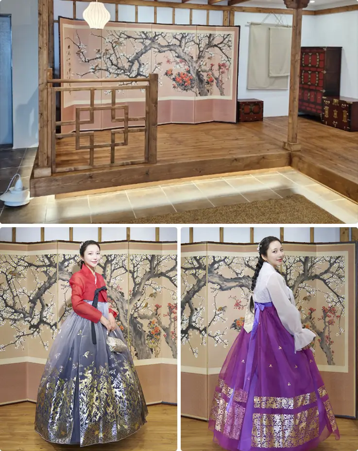 Hanok-style in-store photo studio featuring traditional Korean screen backdrops and elegant Hanbok poses.