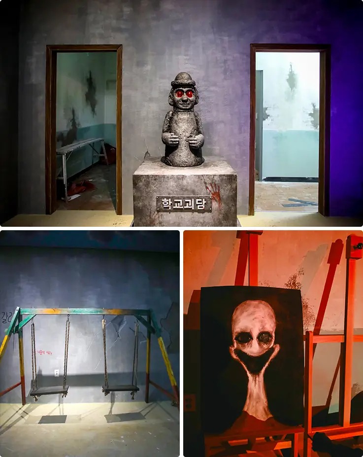 Creepy abandoned school horror experience with eerie statues, swings, and haunting artwork.
