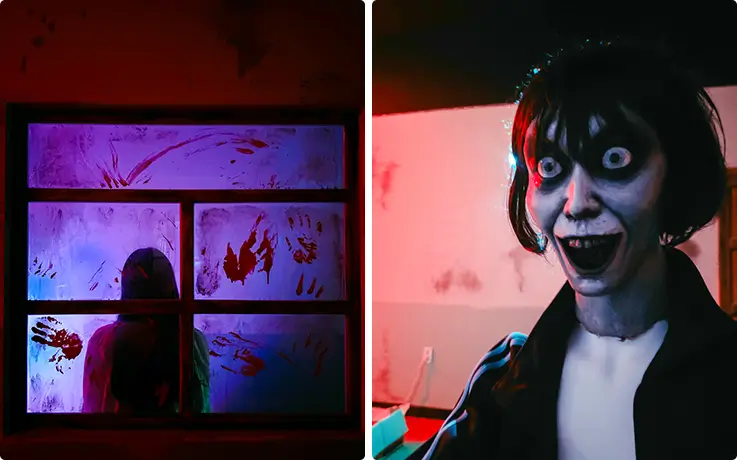 Terrifying haunted school atmosphere featuring bloody handprints, ghostly figures, and scary characters.