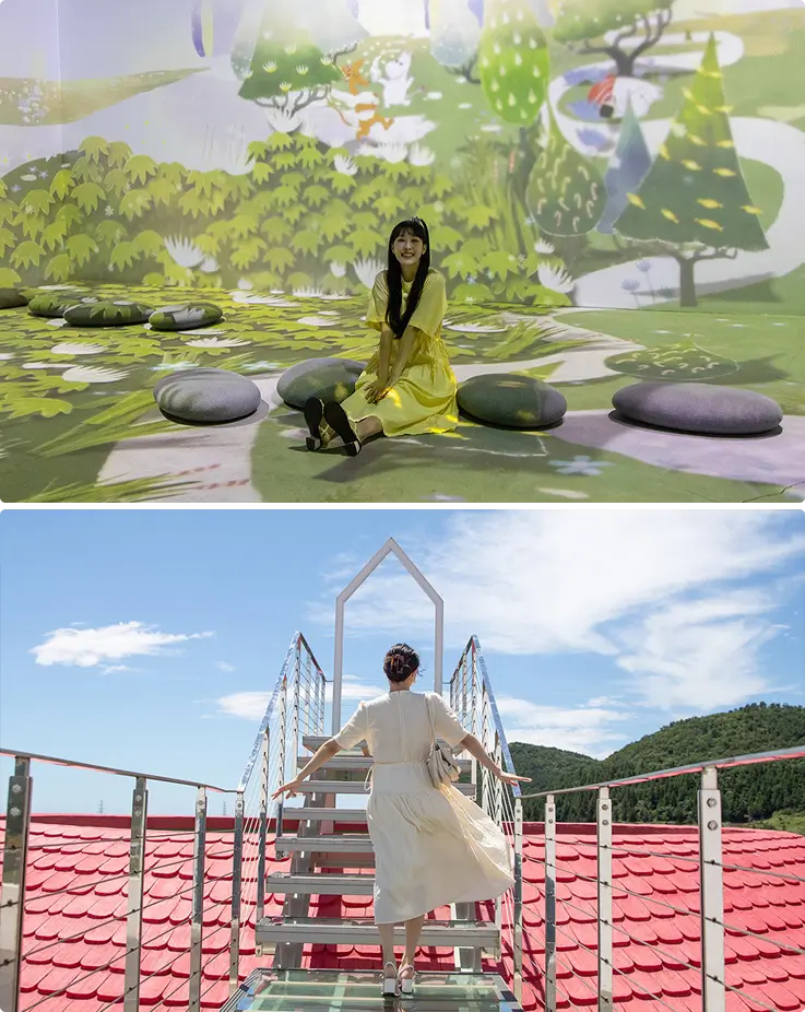 Visitors taking photos indoors and outdoors at Moomin Land Jeju